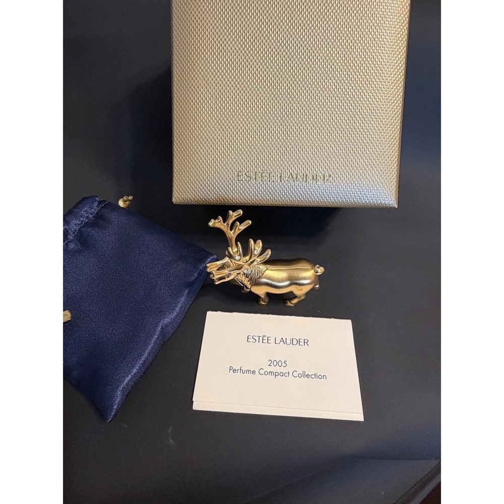 Estee Lauder 2005 Pleasures Prancing Reindeer Solid Perfume Compact With Box